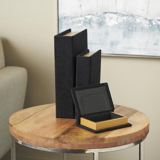 Black Velvet Textured Decorative Book Box with Gold Page Detailing, 3ct.